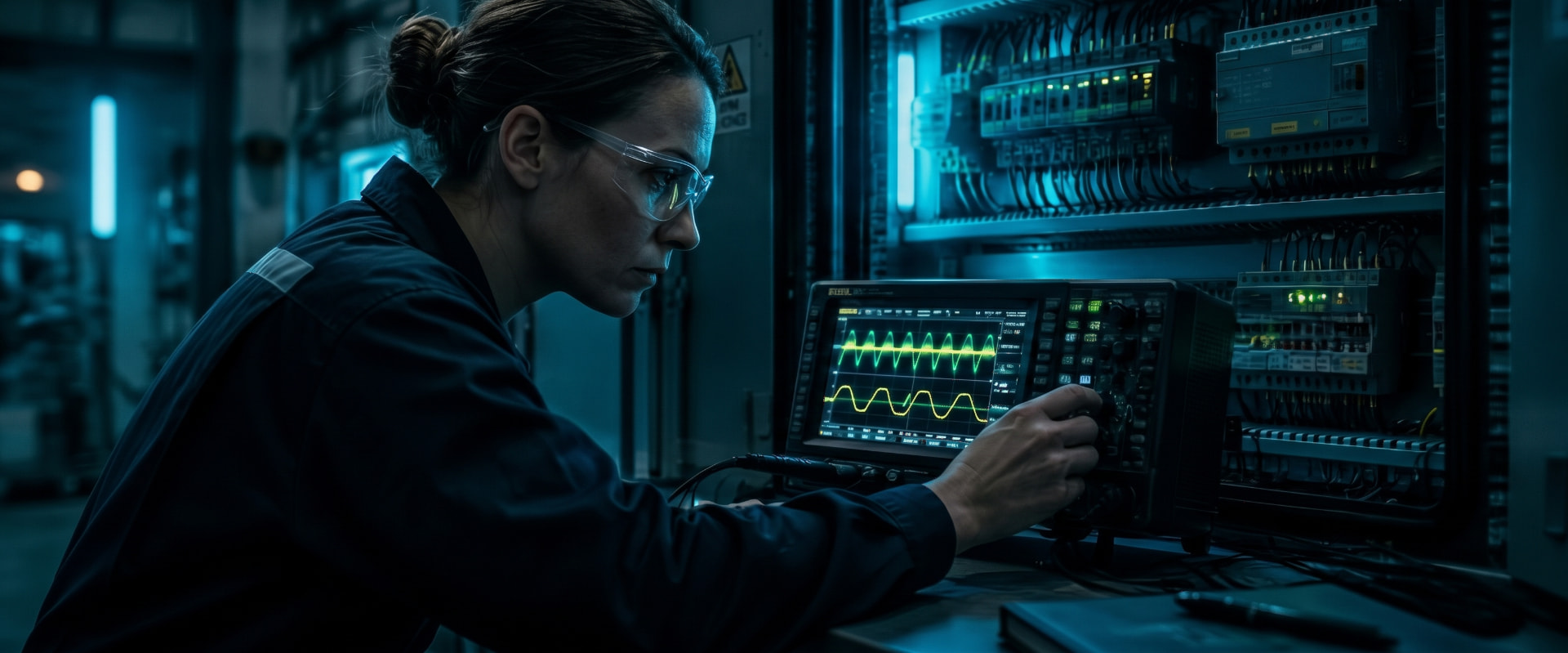 Susanna Greci al lavoro con l'oscilloscopio su un quadro elettrico